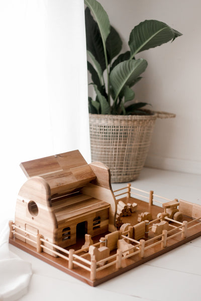 Natural Wood Children's Toy Farm Barn Set